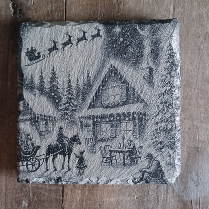 Sous-verre ardoise Hameau sous la neige