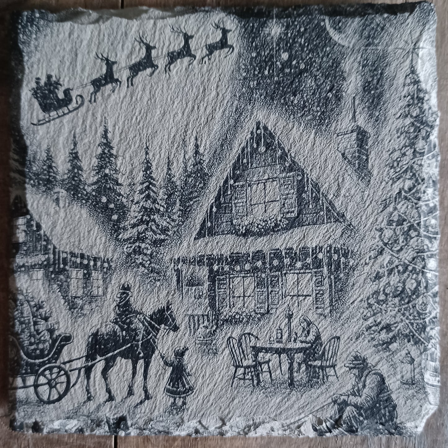 Sous-verre ardoise Hameau sous la neige