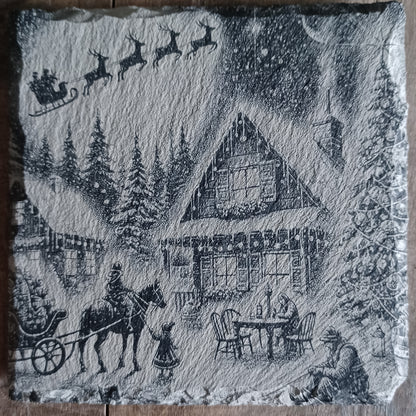 Sous-verre ardoise Hameau sous la neige