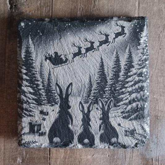 Sous-verre ardoise Les lapins fêtent Noël