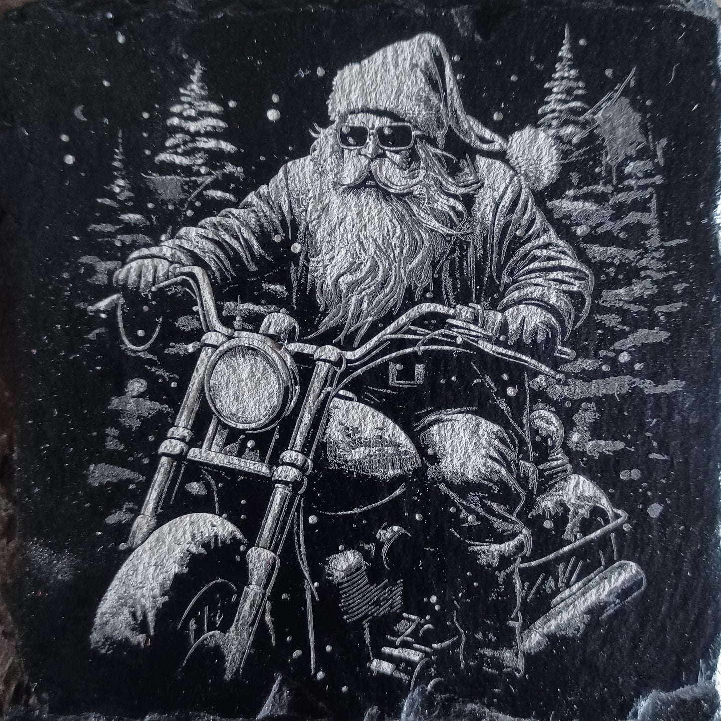 Sous-verre ardoise père noël motard